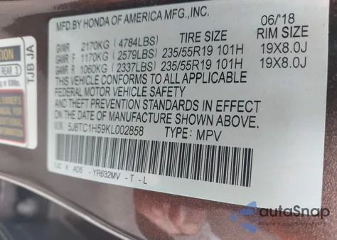 2019 Acura Rdx Technology Package z USA, uszkodzony, nr VIN 5J8TC1H59KL002858